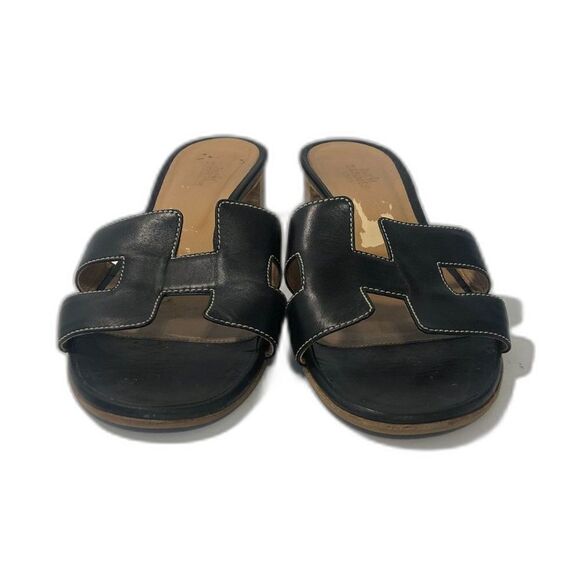 HERMES Women's Oasis Slip On Sandals Size EU38/US8 Black Tan - Picture 1 of 10